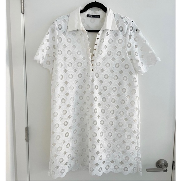 Zara White Eyelet Collared Shift Dress size medium - Picture 3 of 6